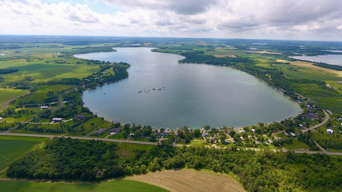 Aerial view of the Pickerel Lake shoreline and bays